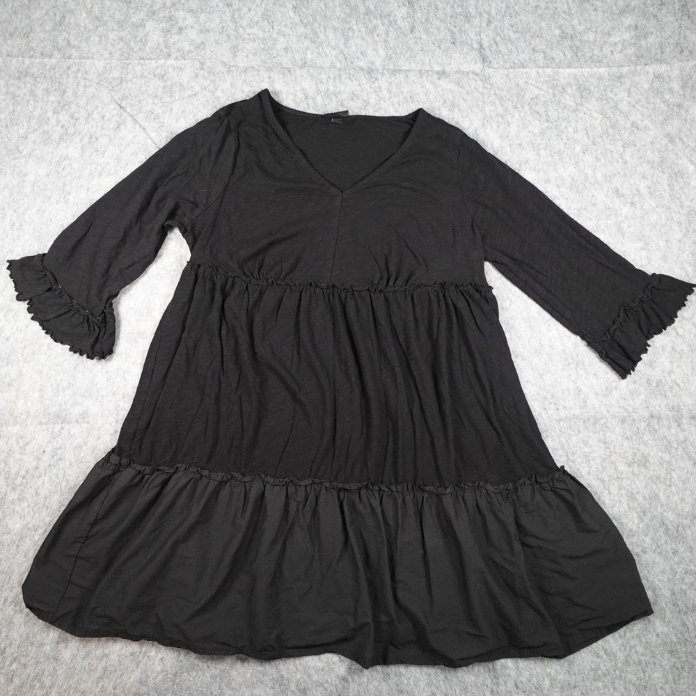 Torrid Dress Womens 1X Black Slub Cotton Tiered Babydoll Ruffle Sleeve Tunic